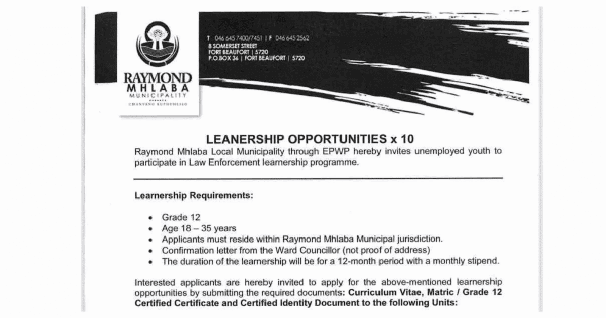 Raymond Mhlaba Municipality Learnership Opportunities