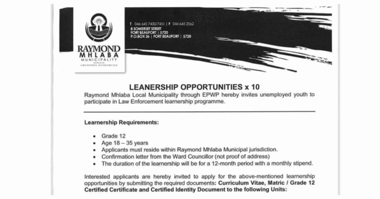 Raymond Mhlaba Municipality Learnership Opportunities x10 – Apply Now