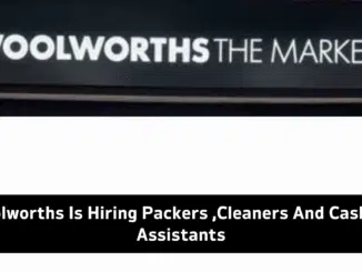 Woolworths employees working as packers, cleaners, and cashier assistants in a retail store.