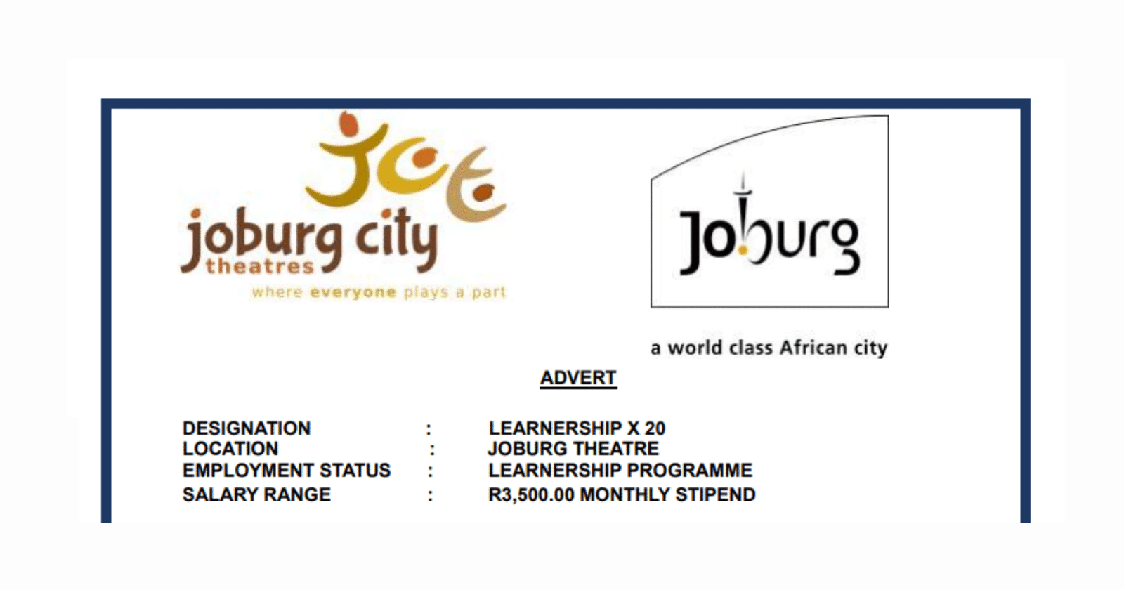 Joburg City Theatres Learnership 2025 for Technical Live Event Production